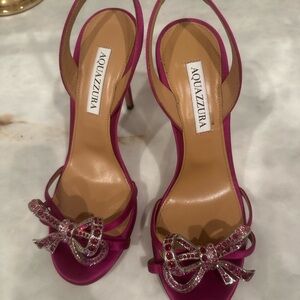 Aquazzura Fuchsia Satin Heels with Crystal Embellishment